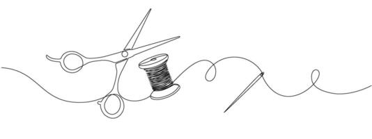 Continuous drawing of one editable line of scissors, thread spool and sewing needle. Sewing accessories icon for needlework and tailor , in simple linear style. illustration. vector