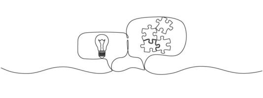 Continuous single-line lamp drawing, puzzles in speech bubbles. Teamwork concepts, strategies in minimal linear style. editable illustration vector