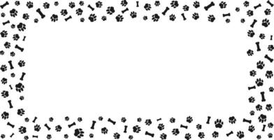Rectangular frame with pet paw prints and bone with blank space for text. Black silhouette track of dog or cat paw prints. Pet paw prints frame for decorating shop windows, . illustration. vector