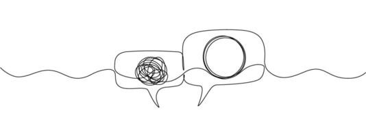 A tangled and unraveling thread of thoughts, in speech bubbles, drawn in one continuous line. Concept of psychotherapy, mental health, problem solving. editable line illustration. vector