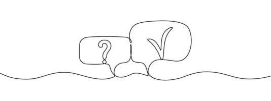 Question mark and check marks in speech bubbles in one continuous line. Survey game concept, cancel icons, or clarification, confirmation question in simple linear style. editable illustration vector