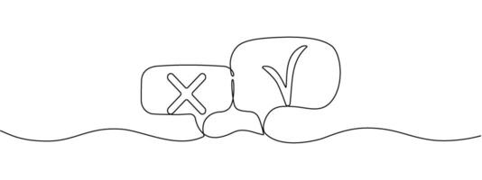 One continuous editable tick and cross line in speech bubbles. Voting symbol with check mark and cross in single line style. illustration vector