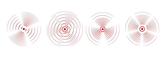 Set of rings with sound waves, broken lines and dots. Red rings with radial lines symbols of pain and inflammation. Target icon, epicenter. Rotating circle. Concentric vortex circles. vector