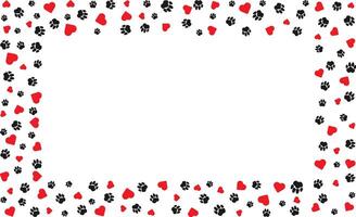 Rectangular frame with pet paw prints and bone and red heart with blank space for text Black silhouette track of dog or cat paw prints Pet paw prints frame for decorating shop windows, websites vector