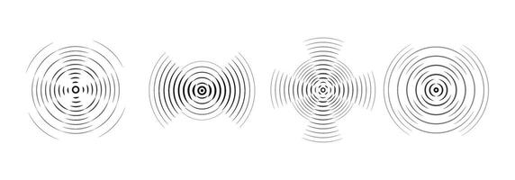 Set of black rings with sound waves, interrupted lines and dots. Rings with radial lines. Target icon, epicenter. Concentric vortex circles. vector