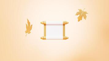 Chinese style empty scroll and golden maple leaves, 3d rendering. video