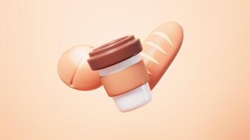Cartoon coffee and kind of breads, breakfast time, 3d rendering. video