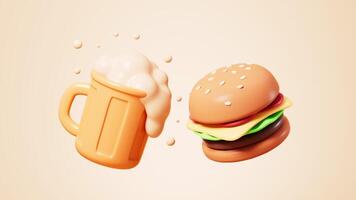 Cartoon beer and hamburger with yellow background, 3d rendering. video
