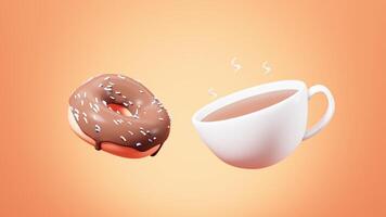 Cartoon coffee and doughnut in the orange background, 3d rendering. video