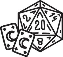 DND Dice with sword and shield. Rpg board game character. Fantasy icosahedron wargame. 20-sided tabletop icon, cartoon style on white background vector