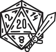 DND Dice with sword and shield. Rpg board game character. Fantasy icosahedron wargame. 20-sided tabletop icon vector