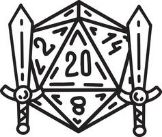 DND Dice with sword and shield. Rpg board game character. Fantasy icosahedron wargame. 20-sided tabletop icon, cartoon style vector