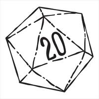Fantasy tabletop icosahedron illustration in retro style. D20 dice for dnd board game. vector