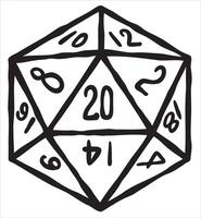 Fantasy tabletop icosahedron illustration in retro style. D20 dice vector