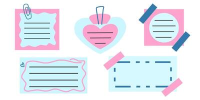 Set of Blue and Pink color paper with clip and sticky note on isolated background. vector