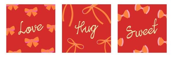 Set of Creative Happy Valentine Day greeting card with sweet words, ribbon on red color background in square size template. vector