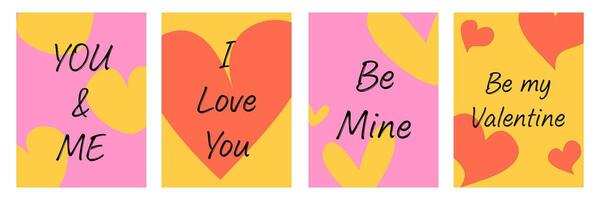 Set of Creative Happy Valentine Day greeting card with sweet words and hearts element illustration template on colorful background. vector