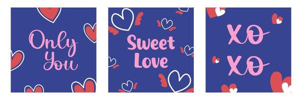 Set of Creative Happy Valentine Day greeting card with sweet words, hearts on blue color background in square size template. vector