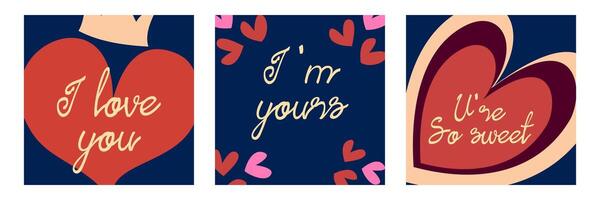 Set of Creative Happy Valentine Day greeting card with sweet words, heart on dark background in square size template. vector