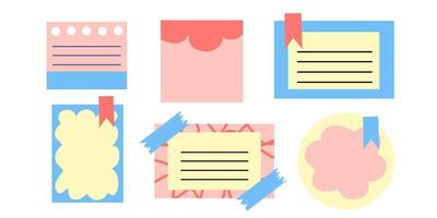 Set of colorful paper sheet, sticky note with tape for digital journaling isolated on white background. vector