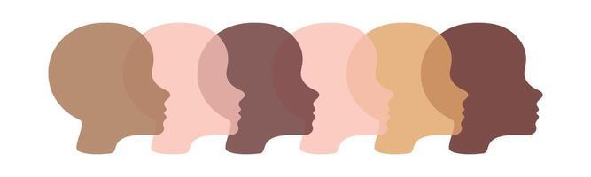 Abstract silhouette of multicultural men faces, heads with different skin tones. Concept of diversity unity human equality minimalist design inclusion empowerment social harmony kids. White background vector