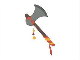 Colorful Cartoon Viking Battle Axe Design with Tribal Elements and Decorative Red Ribbons. Concept of Fantasy Weapon, Traditional Art, Playful Unique Armament for Games or Stories. White Background vector