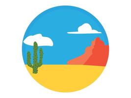 Desert Landscape with Cactus and Red Rock in Circle Frame. Concept of Nature Art, Southwest Scene, Minimalist Style, Sunny Day, Outdoor Adventure. Mountain Scenery Art for Design. White Background vector