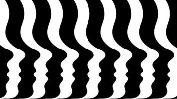 Abstract black and white human side profiles in wavy stripes pattern. Background. Concept of optical illusion, minimalist, uniformity, sameness, crowd, people, unity, psychedelic design, surreal faces vector