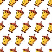 Seamless Pattern of Yellow Street Lamps Lanterns on White Background. Concept of Urban Lighting, Vintage Lanterns, Repetitive Design, Architectural Elements vector