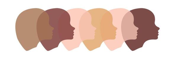 Abstract silhouette of multicultural women faces, heads with different skin tones. Concept of diversity unity human equality minimalist design inclusion empowerment social harmony. White background vector