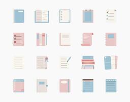 Flat stationery icon set with books and notebooks in pastel colors vector