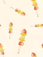 Watercolor seamless pattern of tanghulu skewers with mixed fruits on a beige background vector