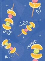 Fun seamless pattern of orange and grape tanghulu skewers on a dark blue background vector