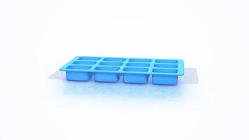 Blue Ice Cube Tray on a Light Reflective Floor. Ice Cube Tray 3D Animation. 4K video