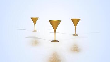 Gold Martini Glasses on a Light Reflective Floor. Martini Glasses 3D Animation. 4K video