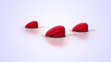 Red Military Berets on a Light Reflective Floor. Soft Fabric Beret 3D Animation. 4K video