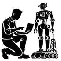 A man is using a laptop next to a robot vector