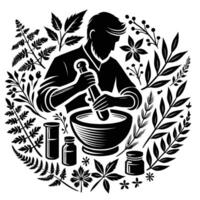 A man is mixing herbs in a bowl with leaves and flowers vector