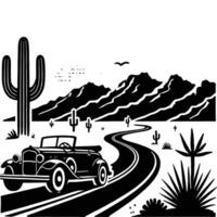 An old car driving through the desert with cactus vector