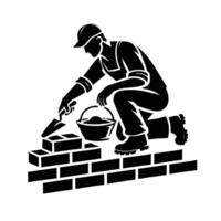 A man is working on bricks in a black and white silhouette vector
