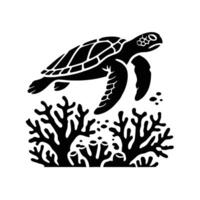 A black and white image of a turtle and coral vector