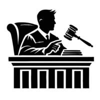 Judge at desk with gavel and book in hand vector
