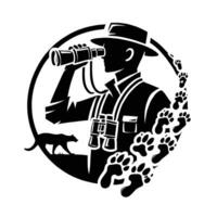 A man with binoculars and a dog in the background vector