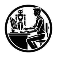 A man is working on a computer with a robot vector