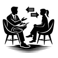 A man and woman sitting in chairs talking to each other vector