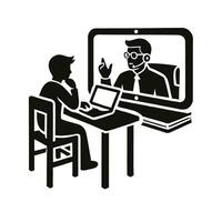A man sitting at a desk with a laptop and a call vector