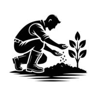 A man is planting a seedling in the ground vector