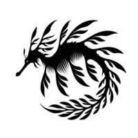 A black and white drawing of a dragon with leaves vector