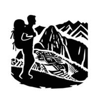 A silhouette of a man with a backpack and a mountain in the background vector
