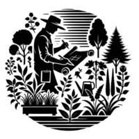 A man in a hat and hat is working in the garden vector